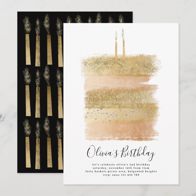 Invitación Cumpleaños Tarta, Cumpleaños Segundo Or (Anverso / Reverso)