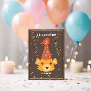 Invitación Cumpleaños Teddy Bear llevando un Gorra Fiesta