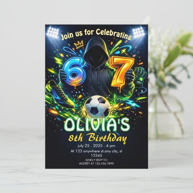 Invitación Cumpleaños Tema Fútbol Meme 6–7 (Anverso de pie)
