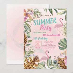 Invitación Cumpleaños Tema Hoja de Palma, Flores y Flamencos