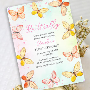 Invitación Cumpleaños Tema Mariposa Niña 1 año Acuarela Rosa
