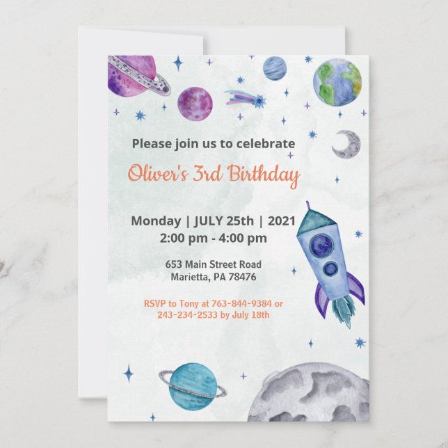 Invitación Cumpleaños Tema Planeta Niño  (Anverso)