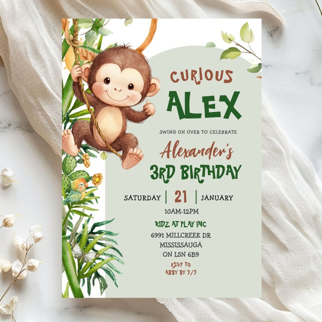 Invitación Cumpleaños Tema Safari Mono Curioso Verde (Subido por el creador)