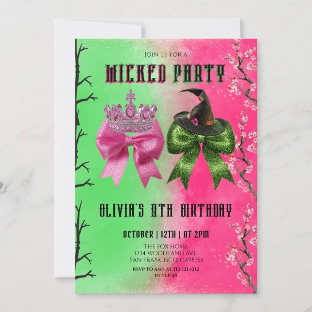 Invitación Cumpleaños Temática de Elphaba y Glinda (Anverso)
