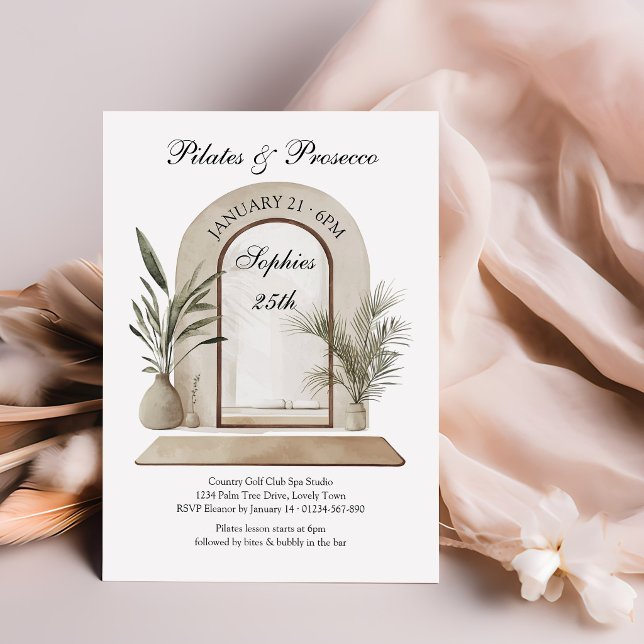 Invitación Cumpleaños Temático de Bienestar con Pilates y Pro (Pilates & Prosecco Invitation - bubbly and wellness activity, perfect for birthday, bridal shower ..)