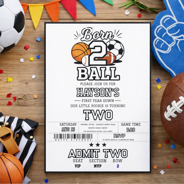 Invitación Cumpleaños Temático de Deportes de 2 Pelotas para  (Born 2 Ball Sports Themed Boy 2nd Birthday Party Invitation
)