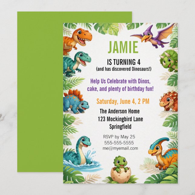 Invitación Cumpleaños Temático de Dinosaurios para Niños (Anverso / Reverso)
