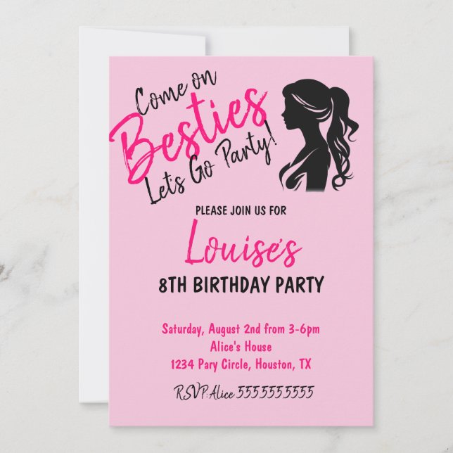 Invitación Cumpleaños Temático De La Muñeca Rosa (Anverso)