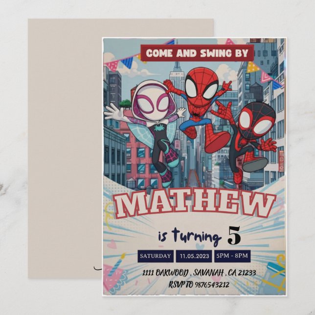 Invitación Cumpleaños Temático de Spiderman Fiesta de Superhé (Anverso / Reverso)