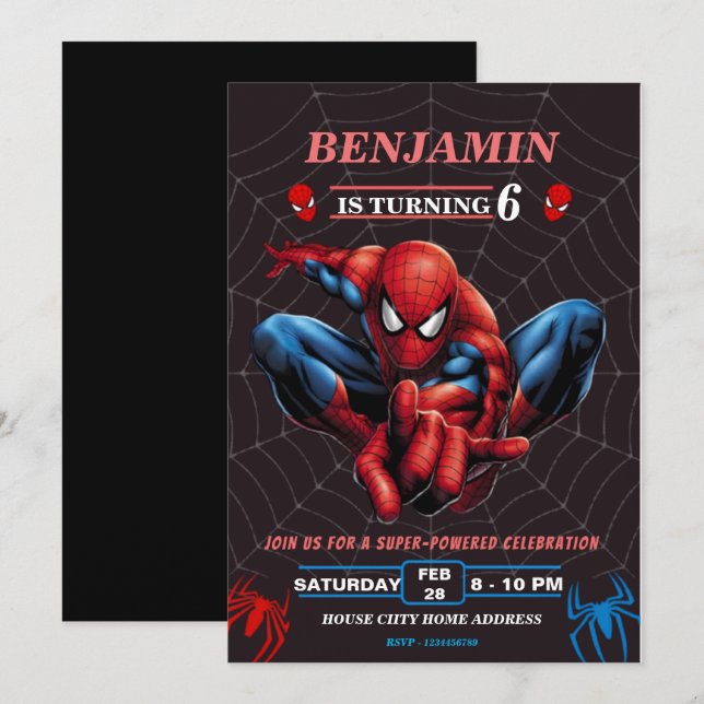 Invitación Cumpleaños Temático de Spiderman Fiesta de Superhé (Anverso / Reverso)