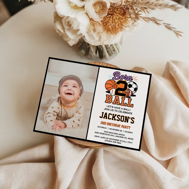 Invitación Cumpleaños Temático Deportes Nacido para Jugar Niñ (Born 2 Ball Sport Themed Boy 2nd Birthday Party Invitation)