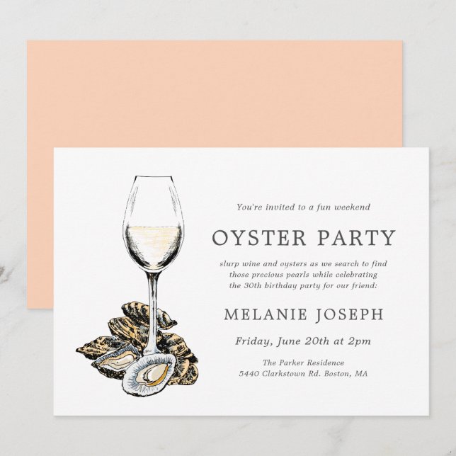 Invitación Cumpleaños Temático Oyster Pearl | Tema de Peach (Anverso / Reverso)
