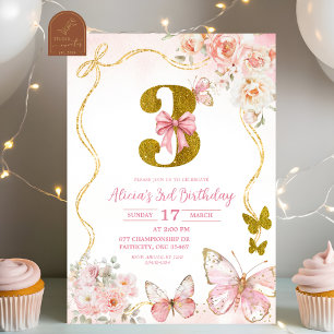 Invitación Cumpleaños tercero de Bow Coquette Pink Butterfly