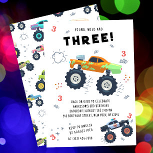 Invitación Cumpleaños tercero de Monster Trucks Coloridos