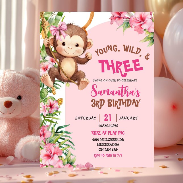 Invitación Cumpleaños tercero joven salvaje tres mono rosa (Subido por el creador)