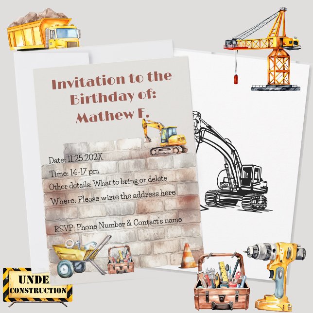 Invitación Cumpleaños Terrestre Temático de Construcción en A (Watercolor Construction themed birthday invitation, personalized & custom. Multilingual Project)