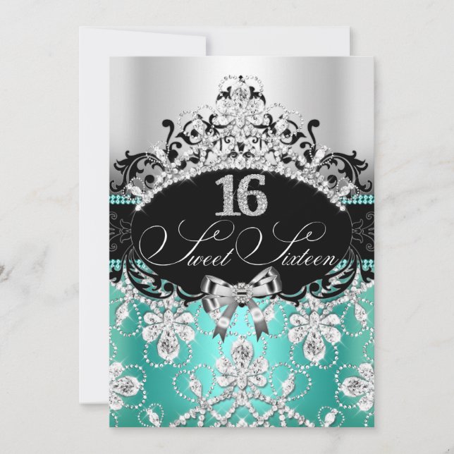 Invitación Cumpleaños Tiara Brillo Sweet 16 Plata  (Anverso)