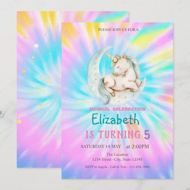 Invitación Cumpleaños Tie Dye Arcoíris Luna Unicornio Mágico (Anverso / Reverso)