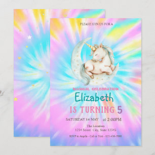 Invitación Cumpleaños Tie Dye Arcoíris Luna Unicornio Mágico