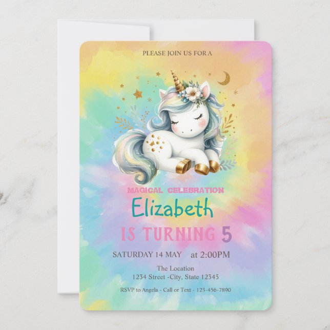 Invitación Cumpleaños Tie Dye Arcoíris Unicornio Mágico Chic (Anverso)