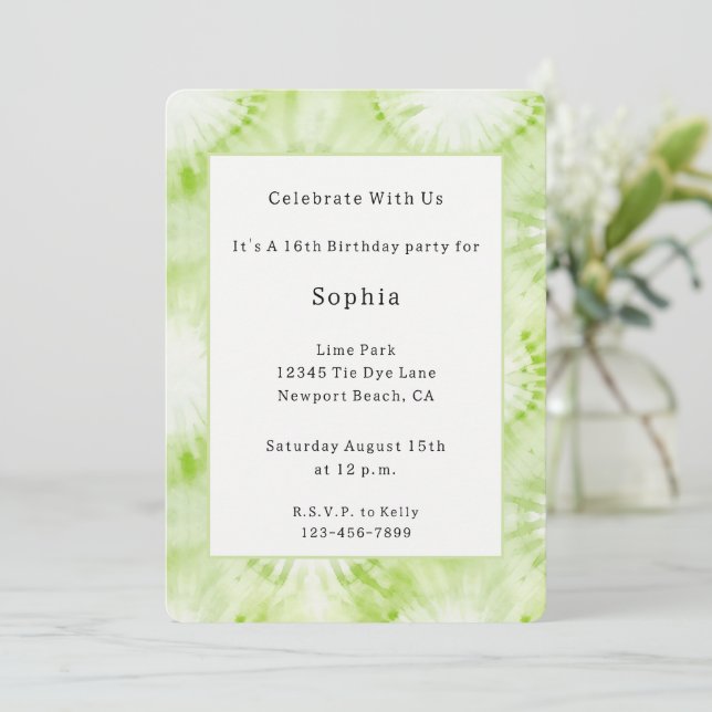 Invitación Cumpleaños Tie Dye Verde Lima Menta (Anverso de pie)