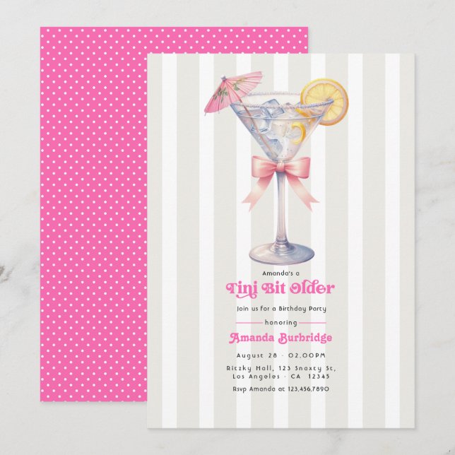 Invitación Cumpleaños Tini Bit Older Martini Rosa Caliente Fi (Anverso / Reverso)