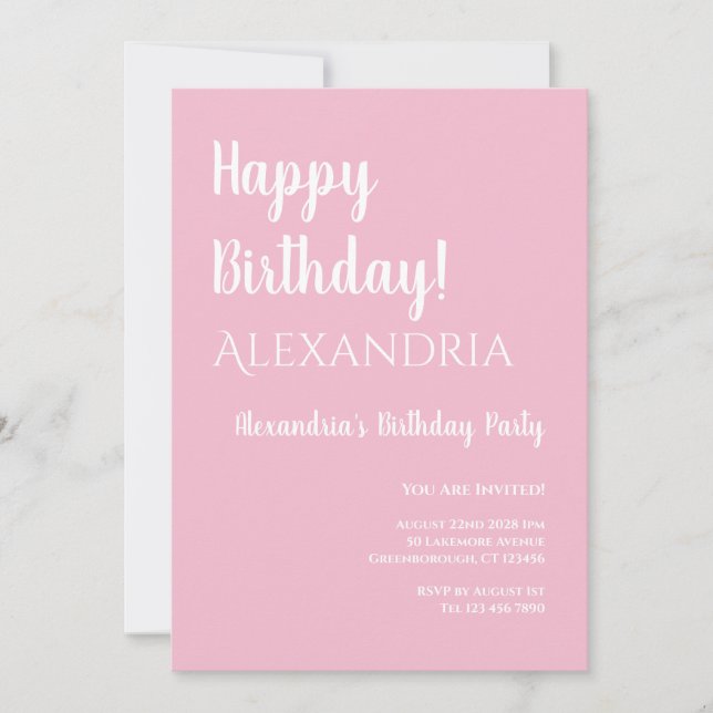Invitación Cumpleaños Típografía Rosa Pastel Feliz Cumpleaños (Anverso)