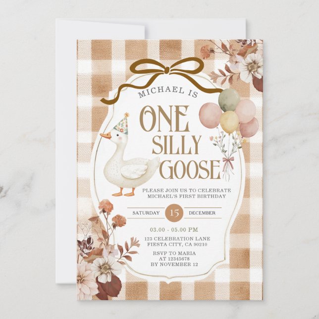 Invitación Cumpleaños Tonto Ganso Marrón Rústico a Cuadros (Anverso)