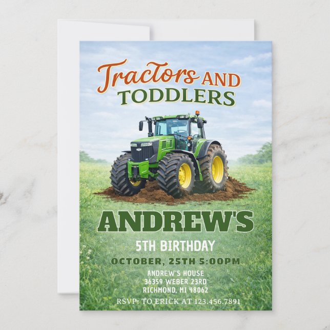 Invitación Cumpleaños Tractor Verde Personalizado (Anverso)