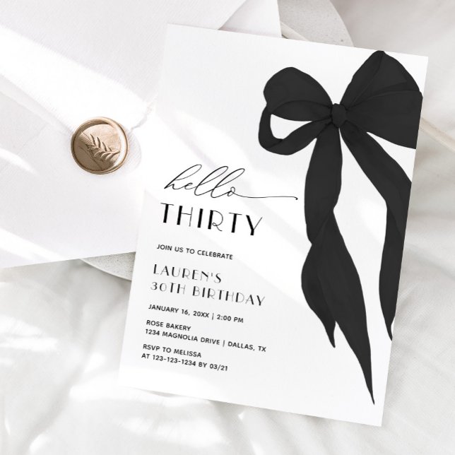 Invitación Cumpleaños treinta 30 elegante con lazo negro (Subido por el creador)