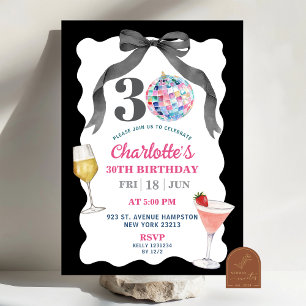 Invitación Cumpleaños Treinta Black Bow Disco Ball Cocktail