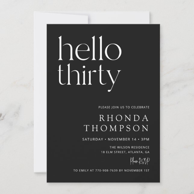 Invitación Cumpleaños treinta clásico negro Hola treinta simp (Anverso)