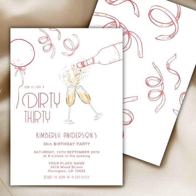 Invitación Cumpleaños treinta sucio Champagne rosa mano dibuj (Subido por el creador)