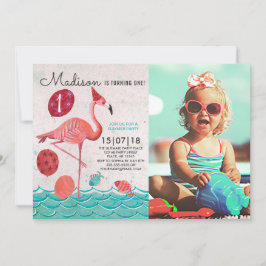 Invitación Cumpleaños trendy tropical de flamenco rosa y turq