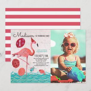 Invitación Cumpleaños trendy tropical de flamenco rosa y turq