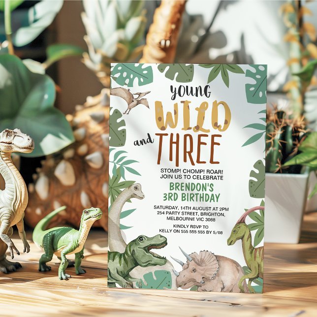 Invitación Cumpleaños tres 3 dinosaurio marrón verde joven sa (Dinosaur Young Wild and Three Birthday Invitation, Dinosaurs 3rd Birthday Invitation, Young Wild 3)