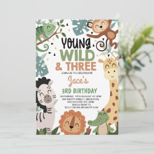 Invitación Cumpleaños tres 3 niños marrón verde joven salvaje