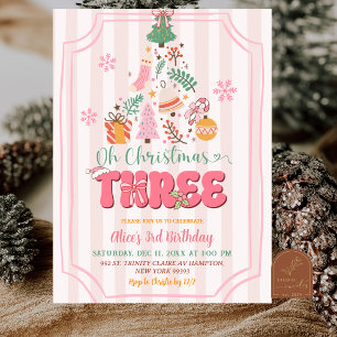 Invitación Cumpleaños tres de niña rosa retro lindo O Navidad