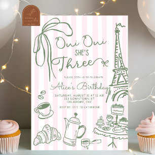Invitación Cumpleaños tres de Pink Stripe Paris Cafe Oui Oui