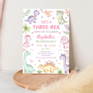 Invitación Cumpleaños tres dinosaurio pastel Rex niña 3