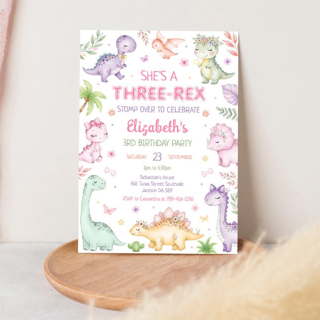Invitación Cumpleaños tres dinosaurio pastel Rex niña 3 (Subido por el creador)