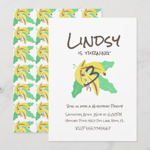 Invitación Cumpleaños tres girando plátano amarillo retro