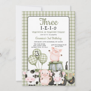 Invitación Cumpleaños Tres-I-E-I-O Verde Menta Sabio animal d