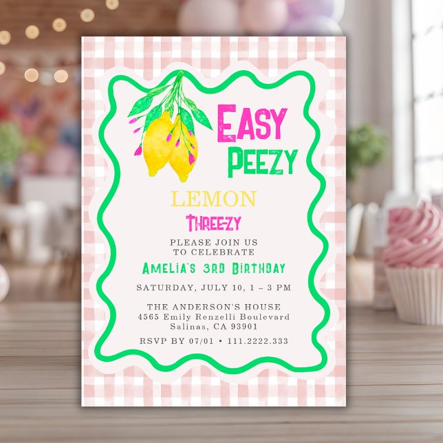Invitación Cumpleaños tres-zy 3 de niña de Gingham Rosa Limón (Subido por el creador)
