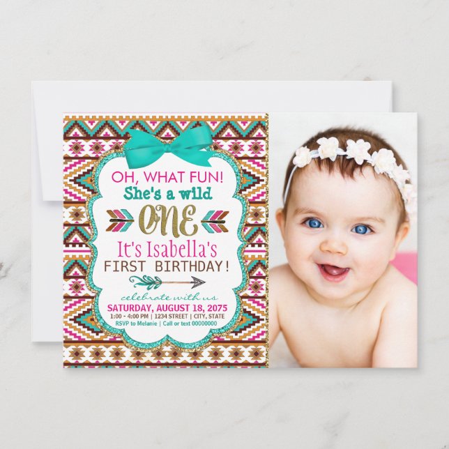 Invitación Cumpleaños tribal de niñas primero 1er (Anverso)