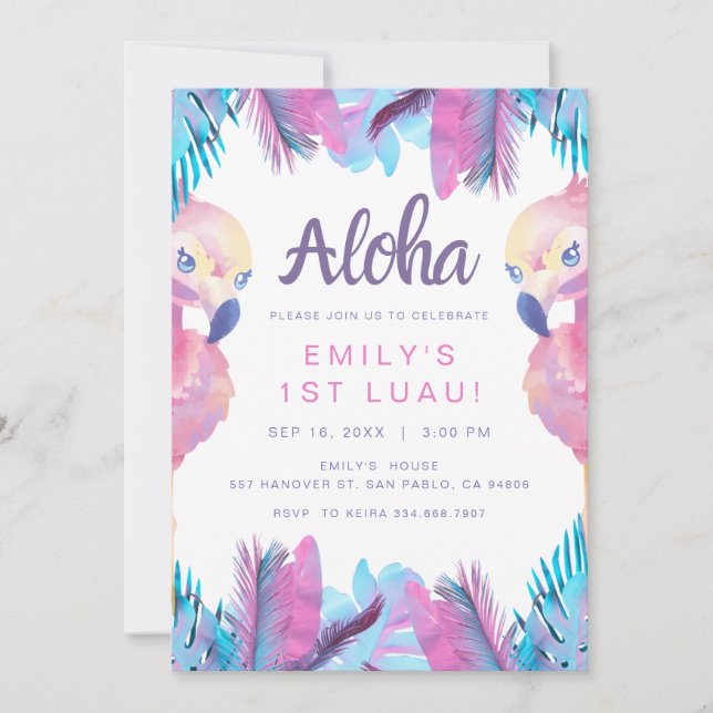 Invitación Cumpleaños Tropical Aloha Flamingo 1er Luau (Anverso)