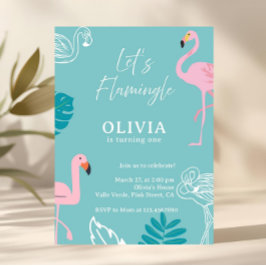 Invitación Cumpleaños Tropical de Flamenco Rosa y Aqua