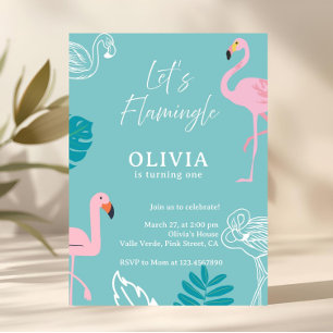 Invitación Cumpleaños Tropical de Flamenco Rosa y Aqua