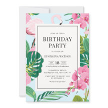 Cumpleaños tropical de flamenco rosa y orquídeas