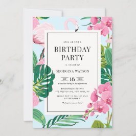 Invitación Cumpleaños tropical de flamenco rosa y orquídeas